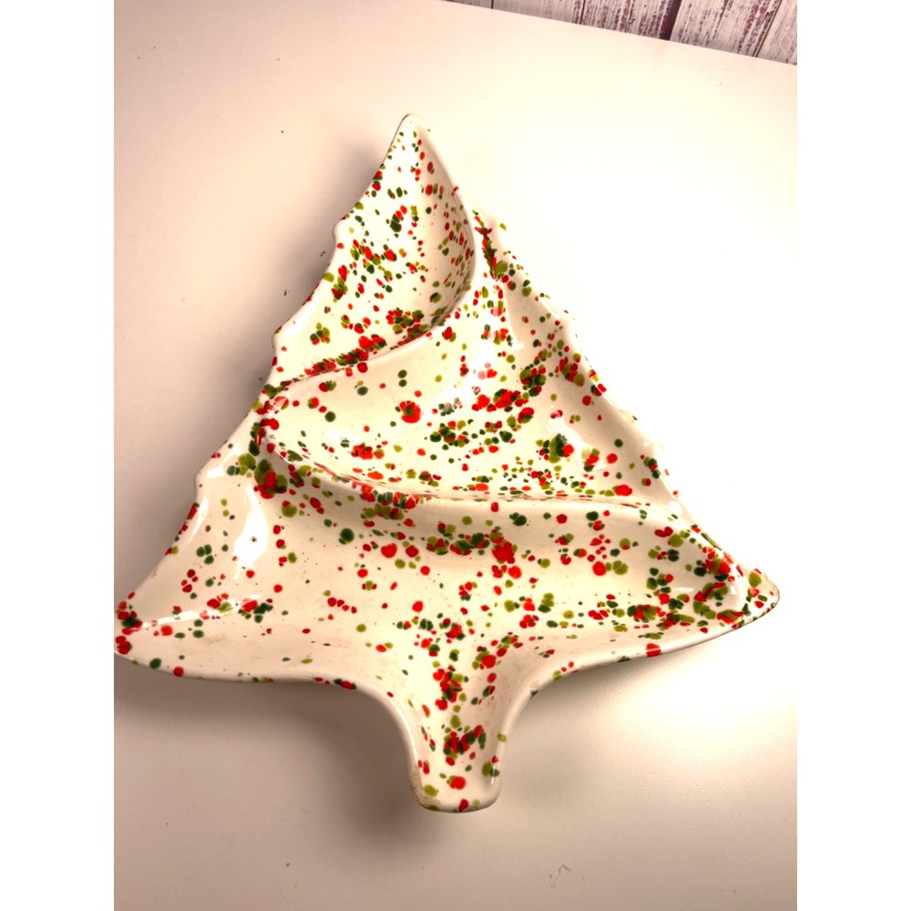 Vintage Retro Christmas Tree Splatter Candy Dish Tray 1971 Handmade 12x9